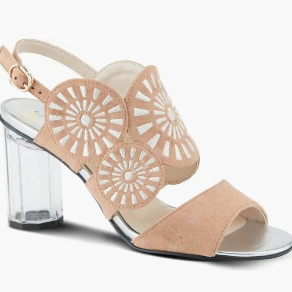 Azura embroidered block heel suede sandal Size 38 (7 1/2 - 8) tan silver lucite - Picture 1 of 11